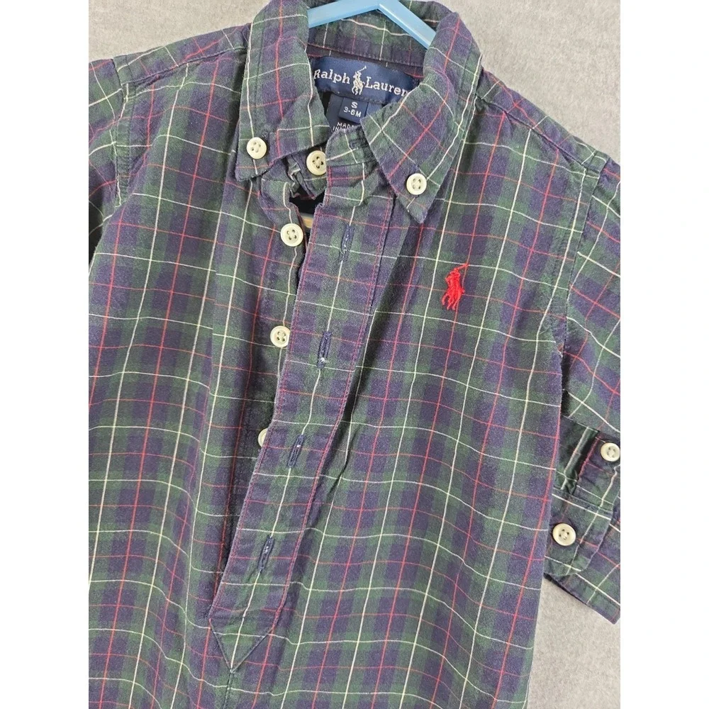 Ralph Lauren Baby Boy 3-6 Months Plaid Romper Jumpsuit Blue Green Pony Logo